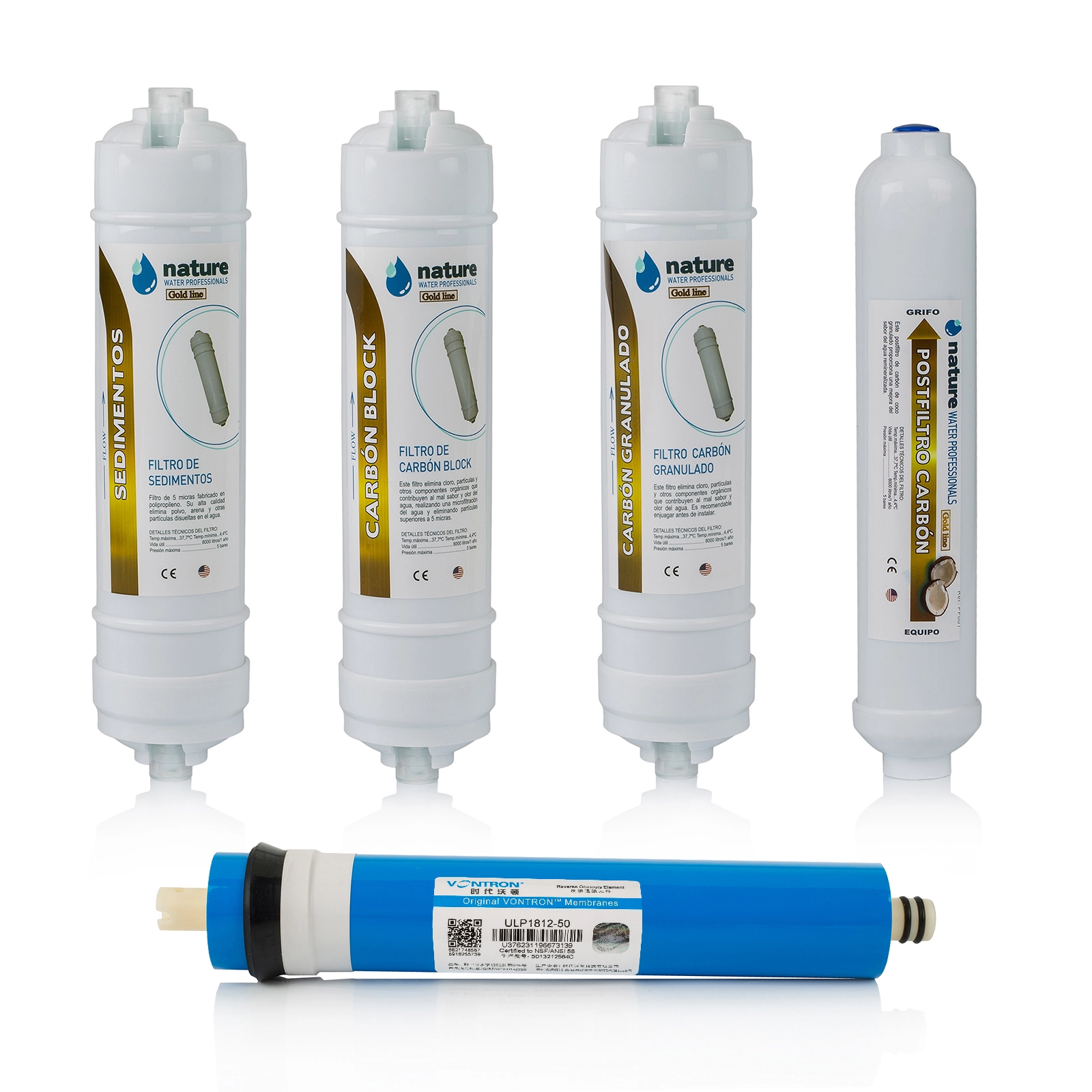 PACK 4 FILTROS OSMOSIS INVERSA COMPACTOS Y MEMBRANA VONTRON 50GPD